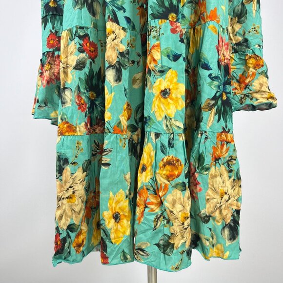 $398 NWOT Johnny Was Tulum Relaxed Tiered Floral Teal Mini Dress Multicolor Sz S - Picture 4 of 12